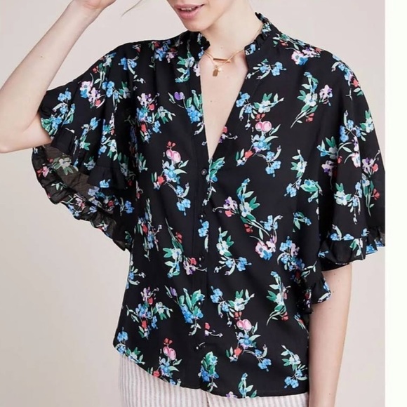 Maeve by Anthropologie Black Floral Button Up Flutter Dolman Sleeve Top Size S - Picture 1 of 8